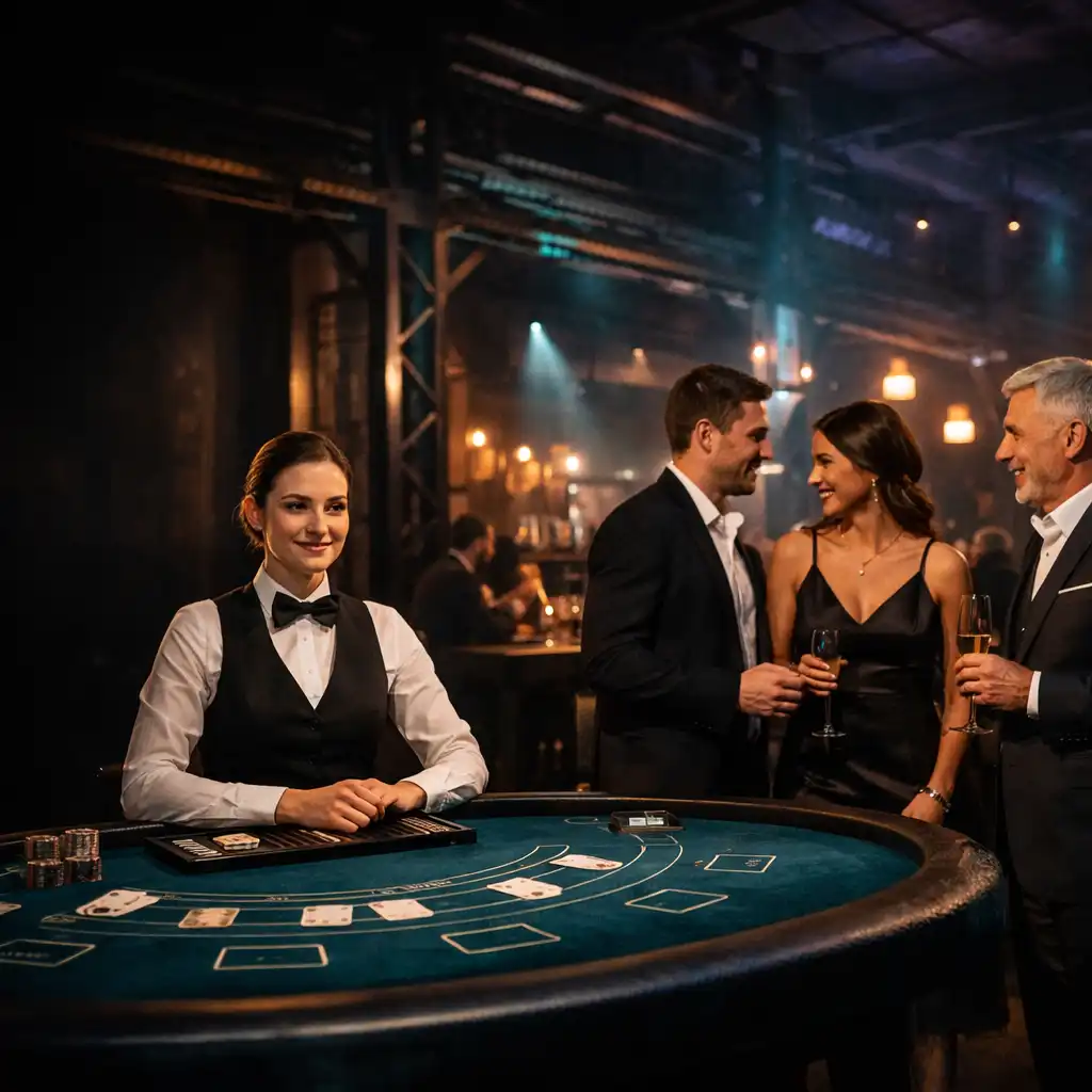 Hosté a dealer u fyzického blackjack stolu v industriálním eventovém prostoru