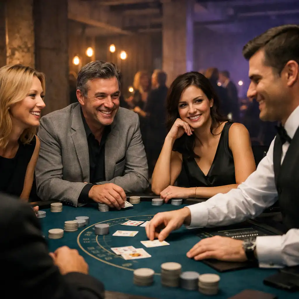 Hosté v přirozené konverzaci s dealerem u blackjack stolu