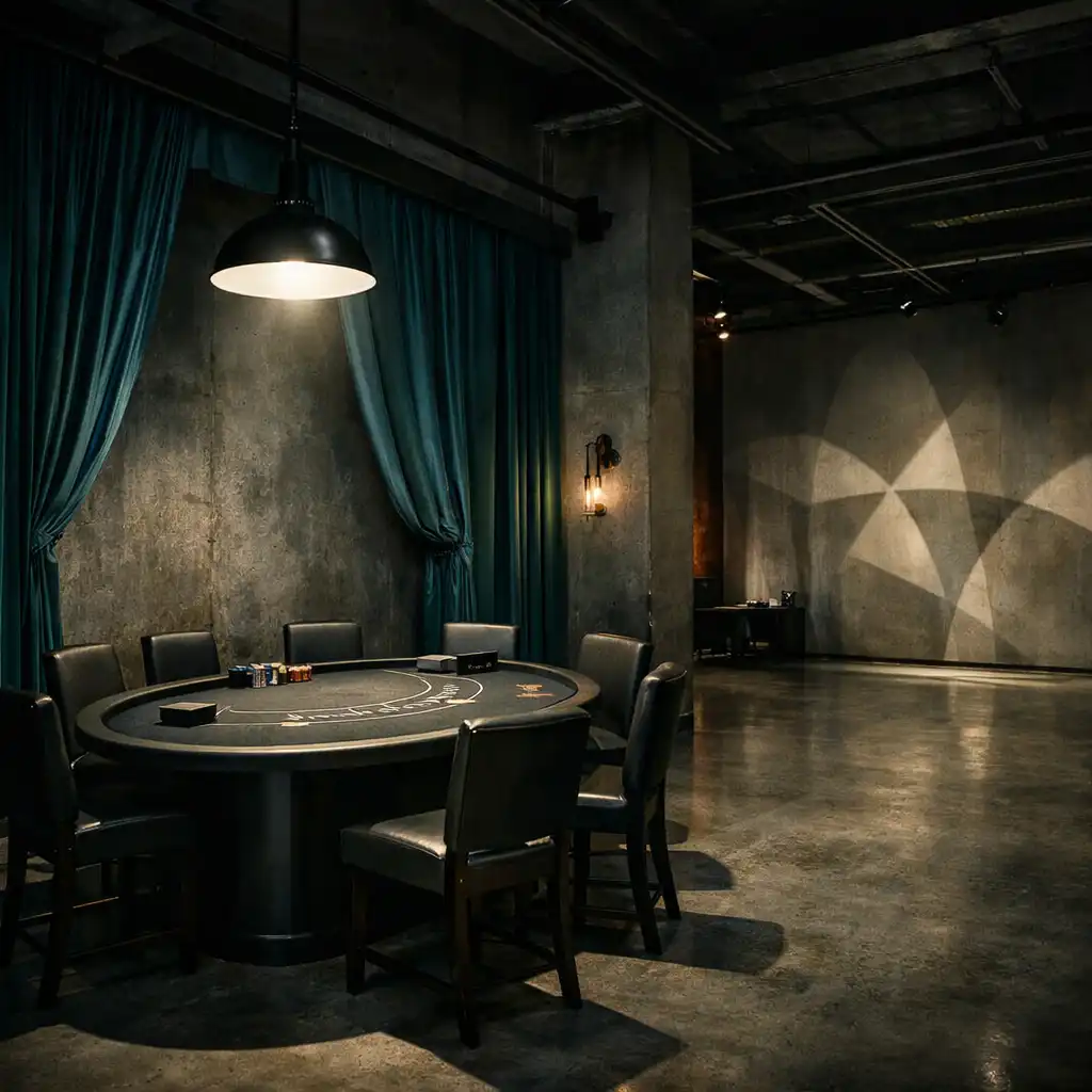 Připravený blackjack stůl v prostoru s deep teal textilem, betonem a soustředěným světlem