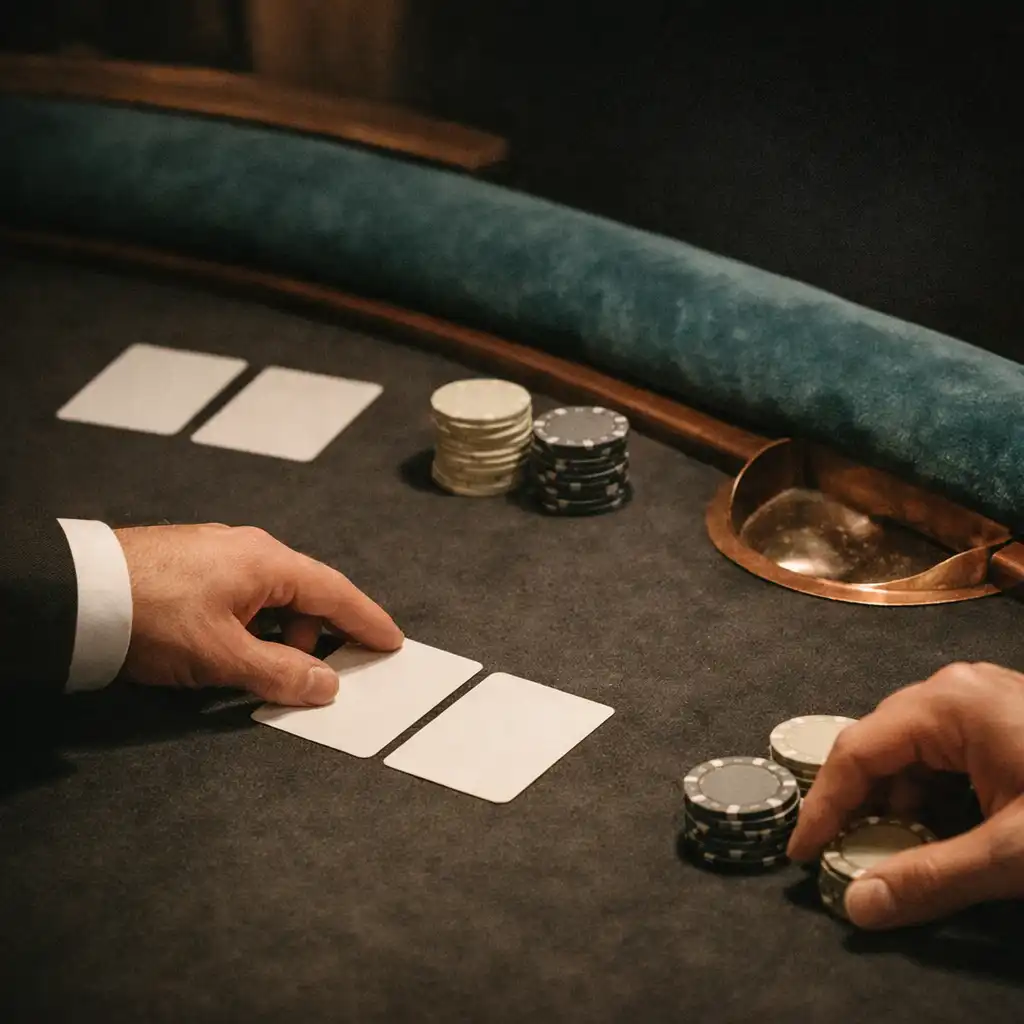 Detail rukou, karet a neutrálních žetonů na fyzickém blackjackovém stole