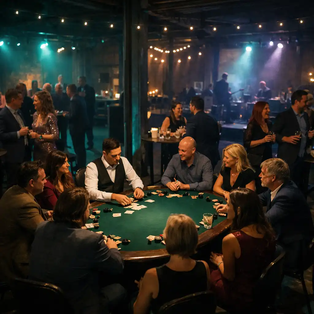 Hosté u fyzického pokerového stolu a cocktailové zóny během večerního eventu
