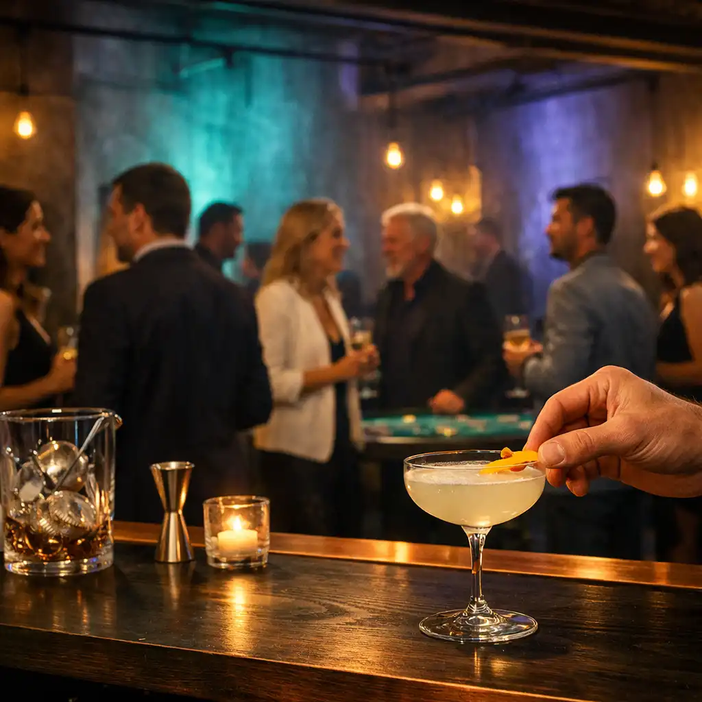 Barman dokončuje koktejl a hosté spolu mluví v nasvíceném industriálním prostoru