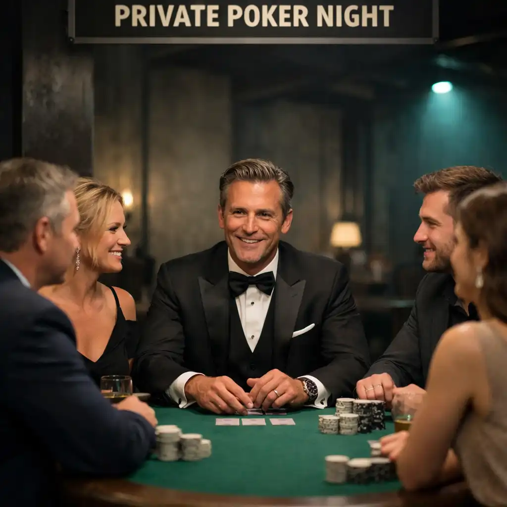 Hosté v rozhovoru u fyzického pokerového stolu v industriálním eventovém prostoru