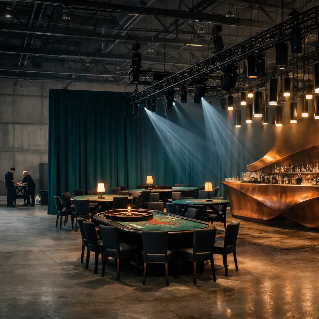 Připravený industriální eventový prostor se světelnou konstrukcí, barem a zónou fyzických stolů