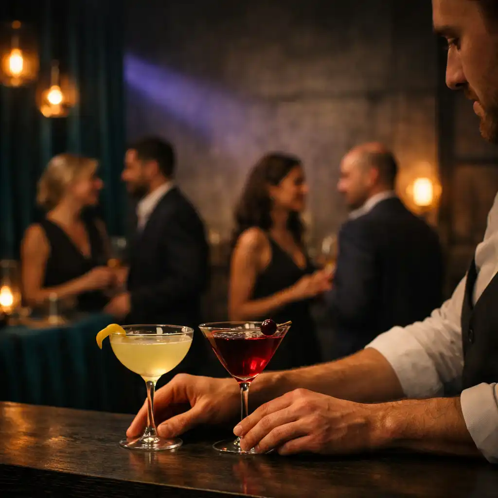 Barman pokládá elegantní koktejly na bar během večerního eventu s hosty v pozadí.