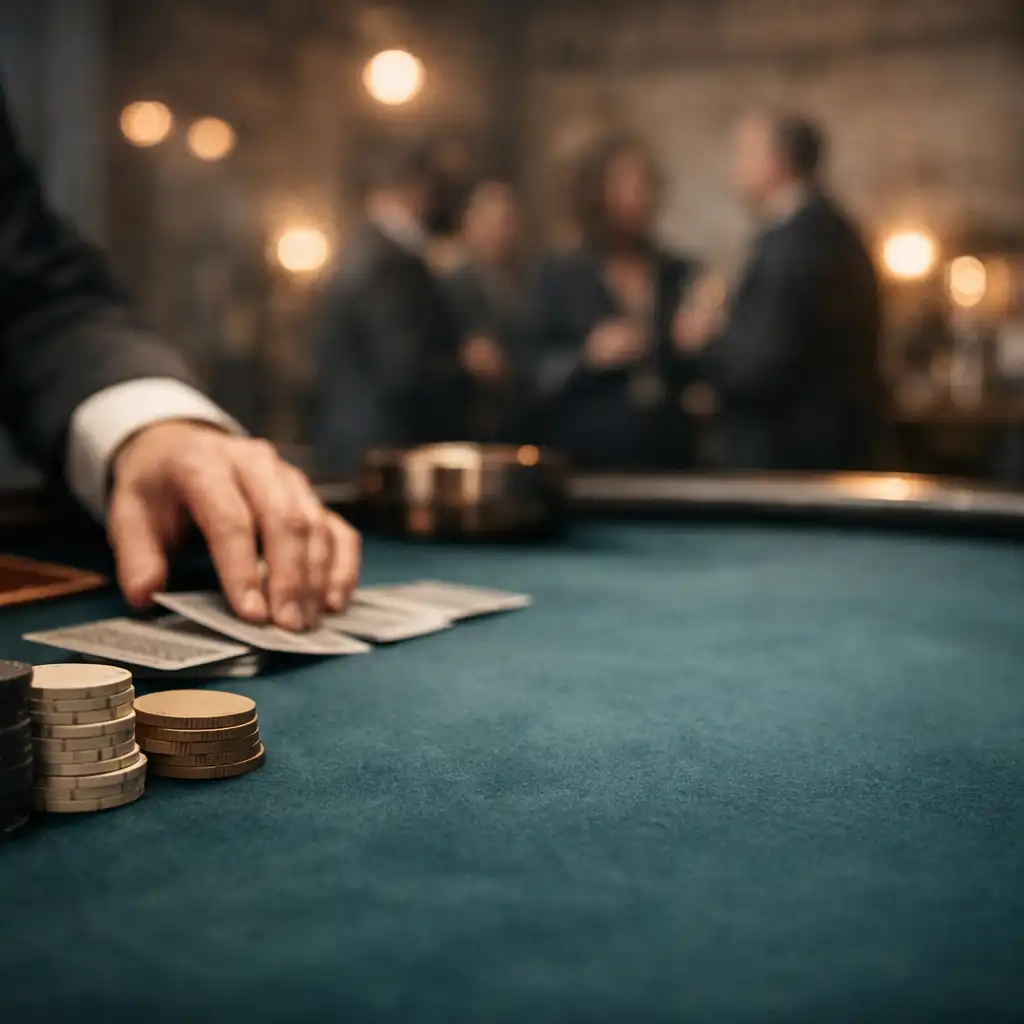 Detail fyzického pokerového stolu s neutrálními žetony během společenského eventu.