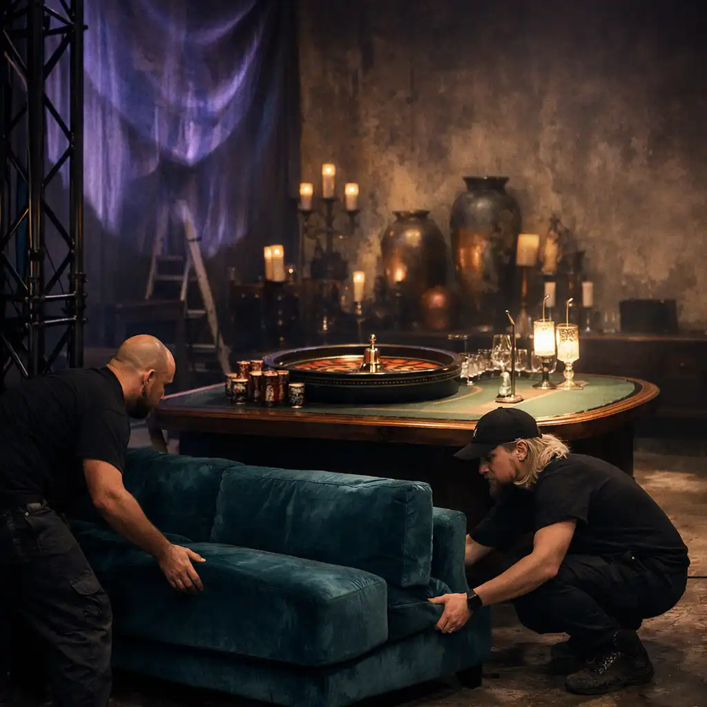 Příprava velvetového lounge a světla v industriálním prostoru