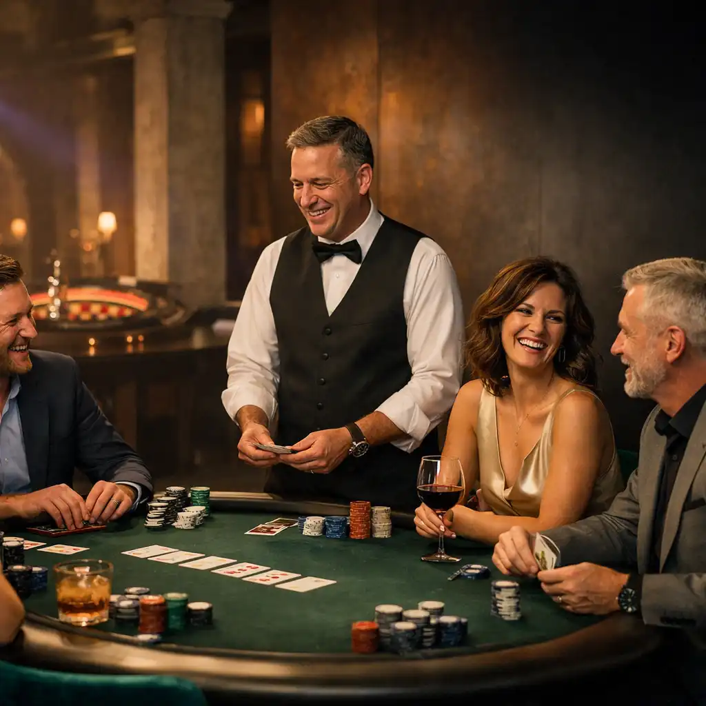 Hosté u fyzického pokerového stolu během společenského eventu