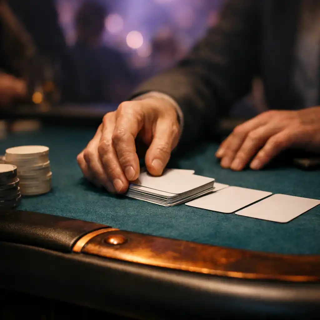 Detail rukou, karet a deep teal plátna fyzického pokerového stolu