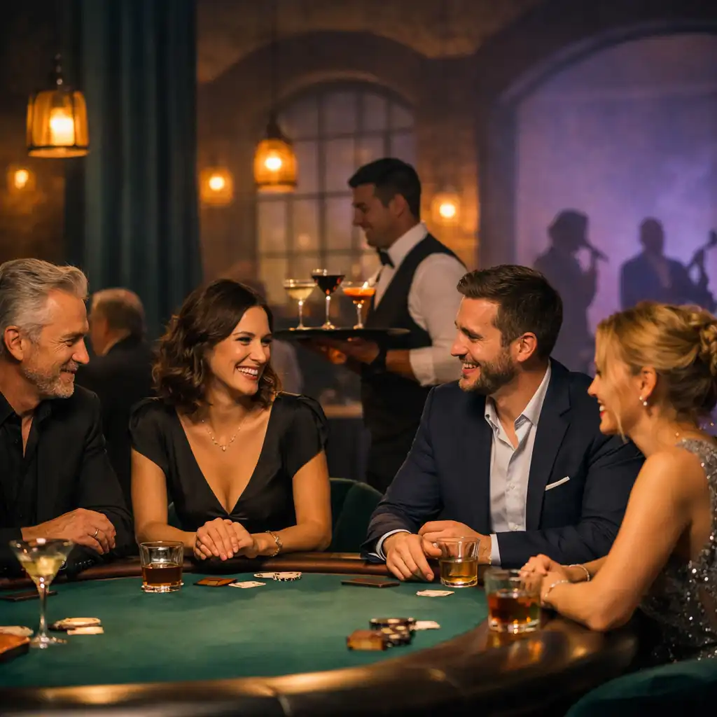 Hosté u fyzického pokerového stolu během večera, obsluha přichází s koktejly a v pozadí je světelná instalace