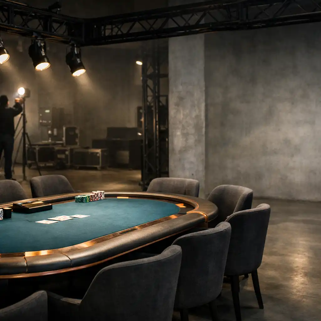 Připravený pokerový stůl v industriálním prostoru se scénografickým světlem před příchodem hostů