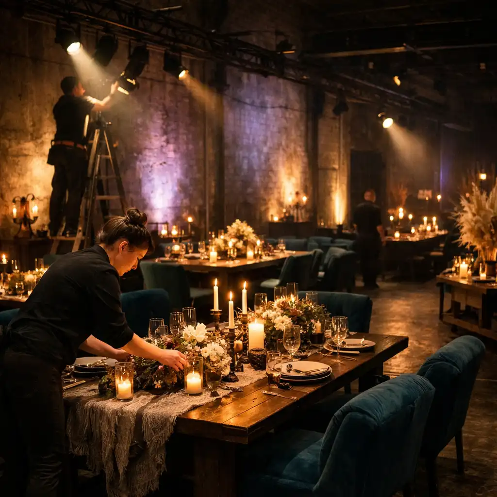 Příprava soukromého eventového prostoru s nasvíceným stolem a dekoracemi